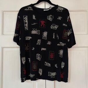 Chico's Travelers Size 3 Black Red Asian Patterned Short Sleeve Tee Chicos XL‎